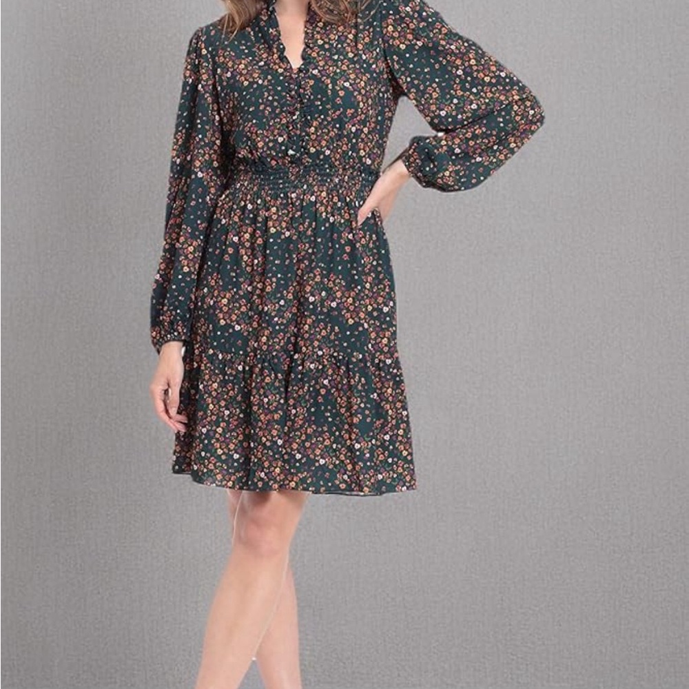 London Times Stand Collar Tiered Dress with Smocking and Ruffle Details size 12